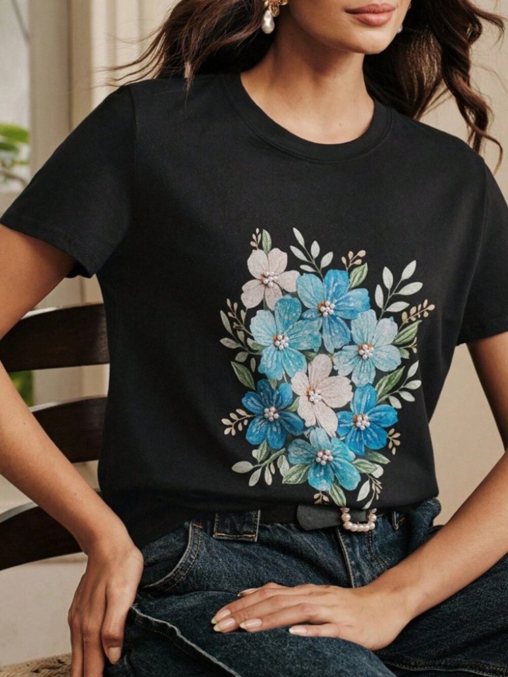 Black Cotton Tee with Blue Floral Embroidery
